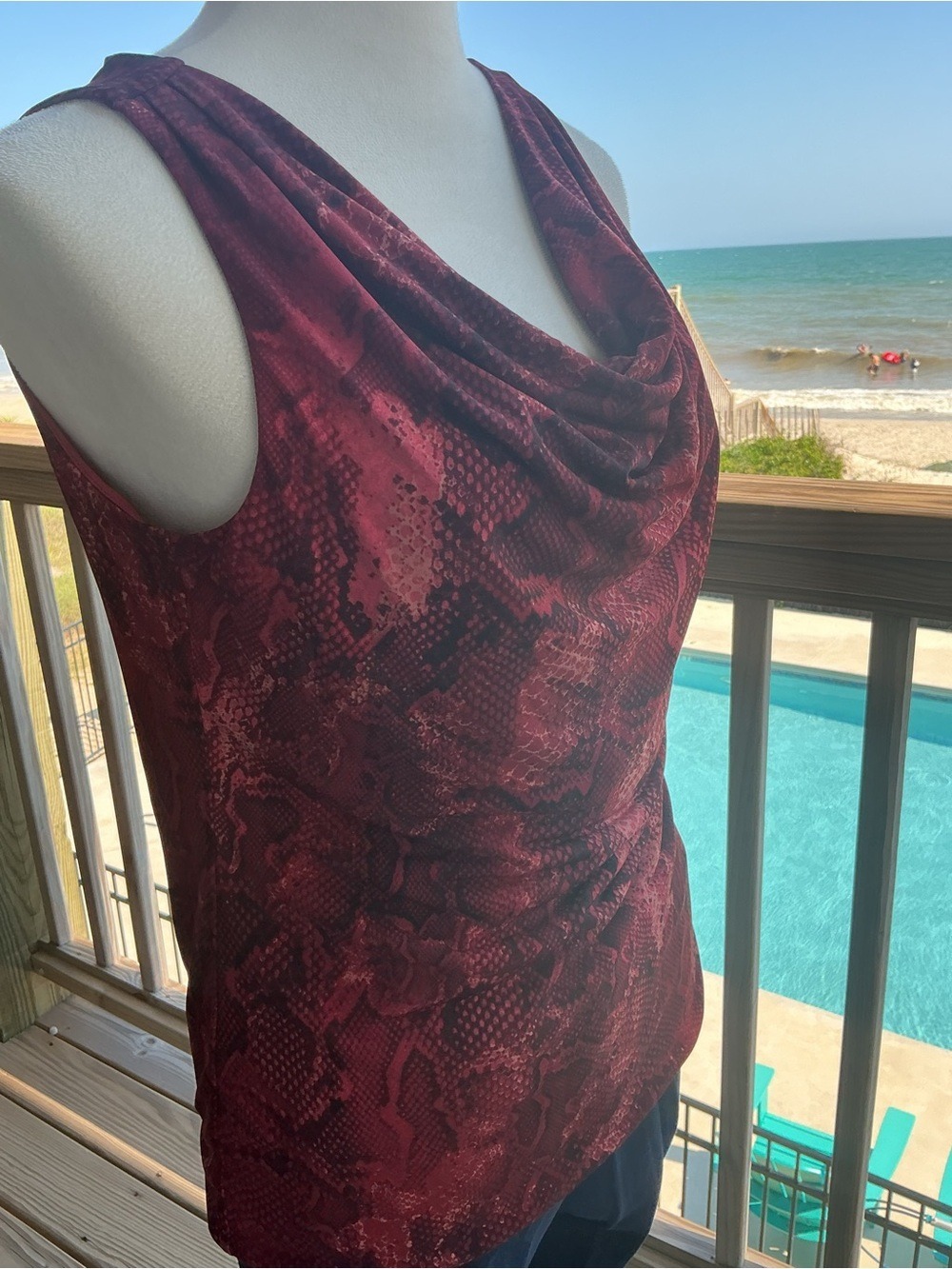 White House Black Market Burgundy Snake-Print Cowl Neck Tank - Picture 5 of 15
